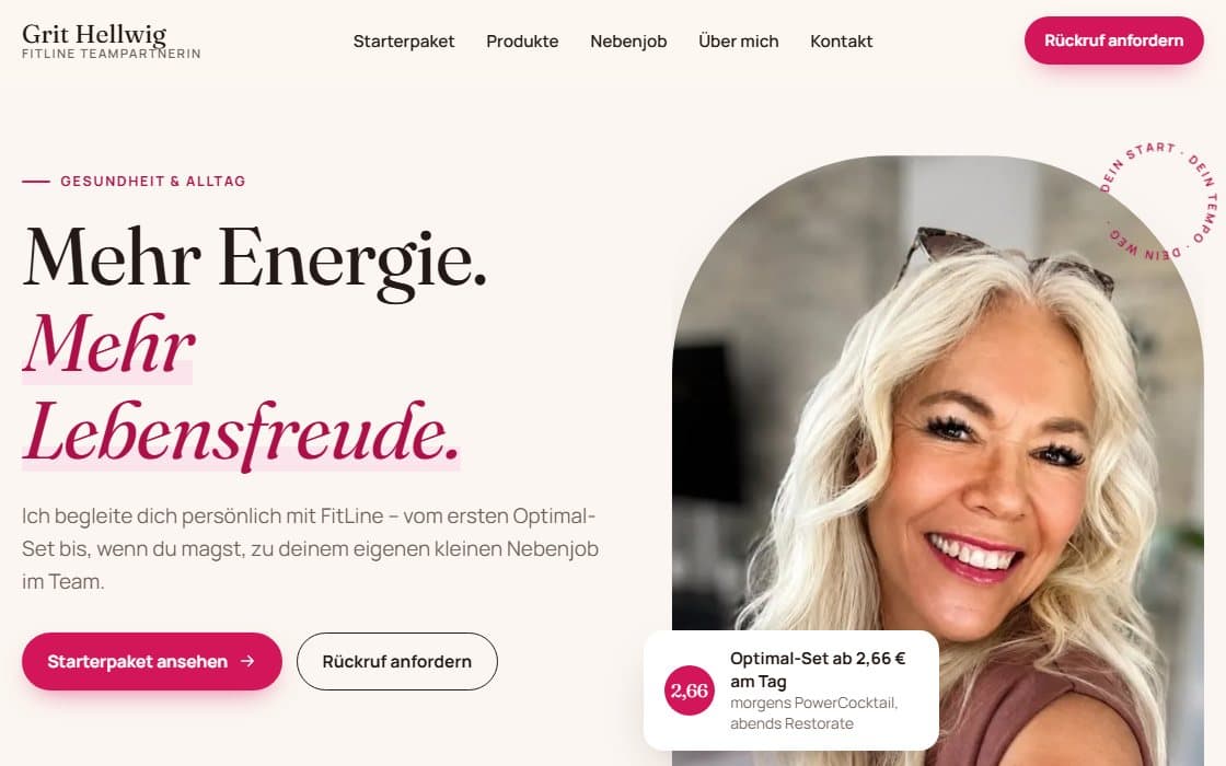 Startseite von fit-mit-grit.de: „Mehr Energie. Mehr Lebensfreude.“ neben einem Foto von Grit Hellwig