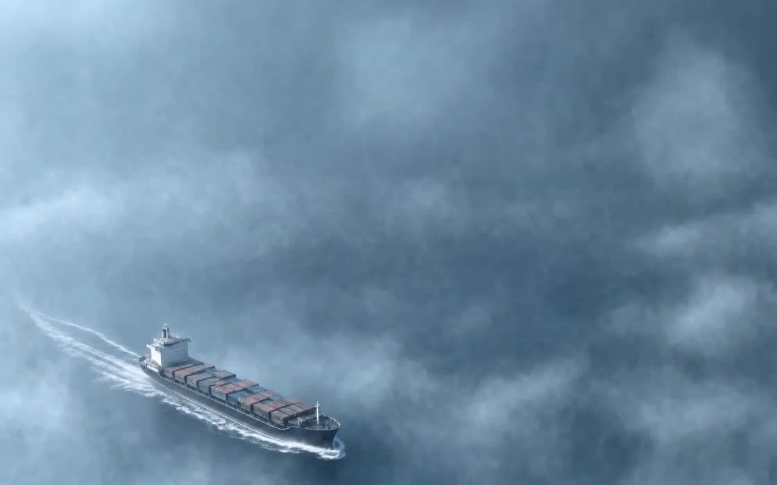 Frachtschiff aus der Vogelperspektive, halb von Wolkenschleiern verdeckt
